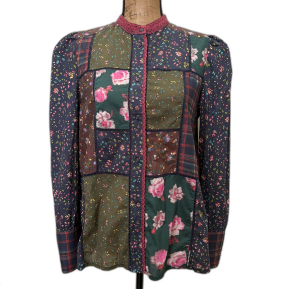 Sundance Harriet Patchwork Top Button Up Dark Floral Cottagecore Size Medium - Picture 1 of 5
